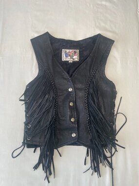 Black, leather, biker, woman's, fringe, vest, XS